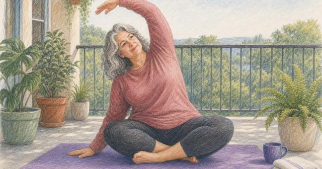 Woman mid-stretch on a yoga mat on a sunlit morning balcony