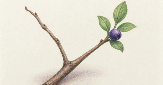 Forked twig with one green leafing limb and one bare turning limb