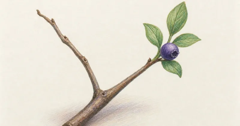 Forked twig with one green leafing limb and one bare turning limb