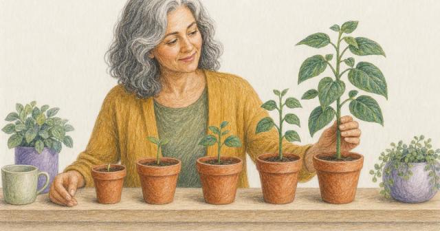 Five potted plants in a row growing taller left to right