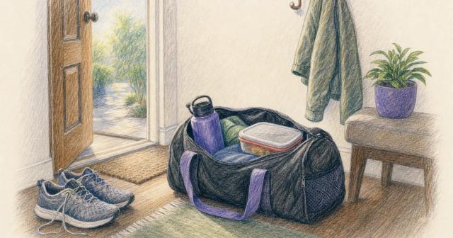 A person crouched by a doorway packing a duffel bag with a bottle and a food container.