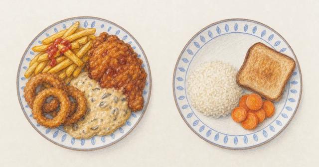Two plates side by side, one heaped with fried food, one with plain rice and toast