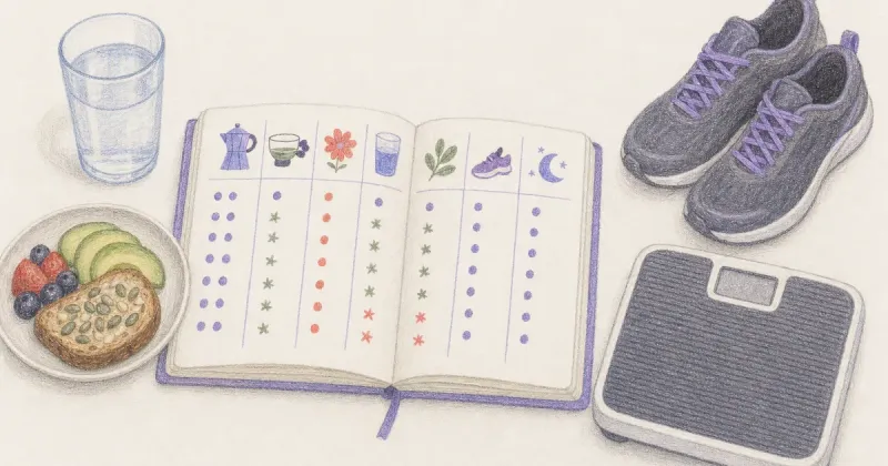 Open weekly journal beside water, a small meal, walking shoes, and a scale.