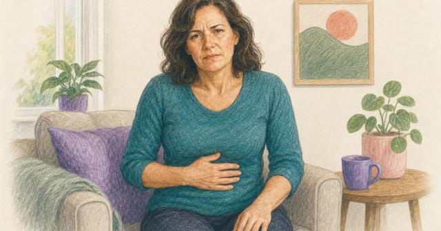 Composed woman resting a hand against her upper abdomen