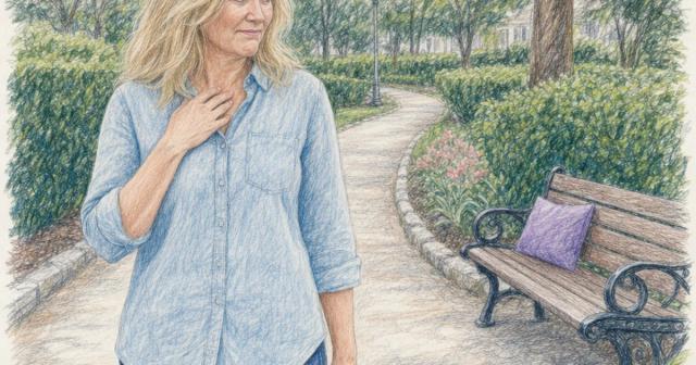 Person pausing mid-walk on a park path, hand at chest, glancing aside