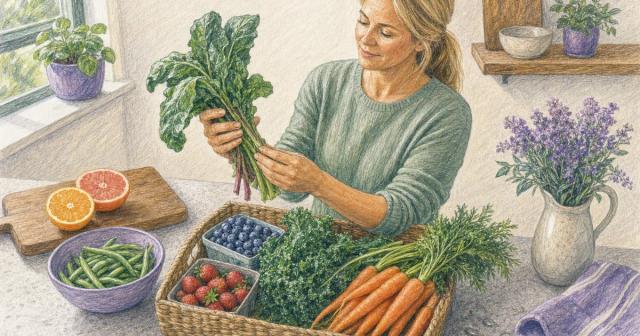 Hands sorting greens, berries and carrots spread across a sunlit kitchen counter