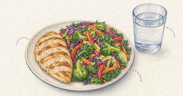 A plate of lean protein and vegetables beside a glass of water with soft markers