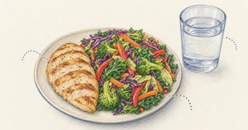 A plate of lean protein and vegetables beside a glass of water with soft markers
