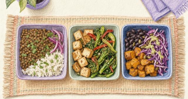 Three identical bowls holding lentils and rice, tofu with greens, and beans with squash