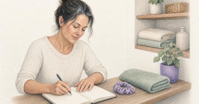 Woman writing in a notebook at a table beside a spare bathroom shelf with a towel and hair tie
