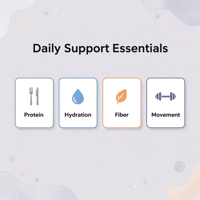 Infographic showing four essential daily support elements for GLP-1 medication users