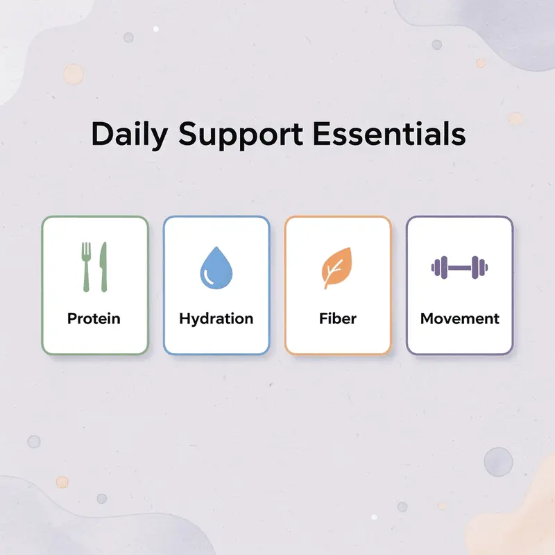 Infographic showing four essential daily support elements for GLP-1 medication users