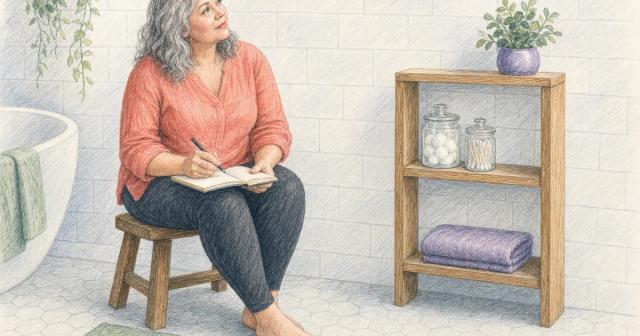 Person on a stool writing in a notebook beside a bare bathroom shelf with plain glass jars