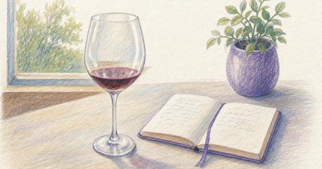 A glass with a small pour of wine beside an open notebook in daylight