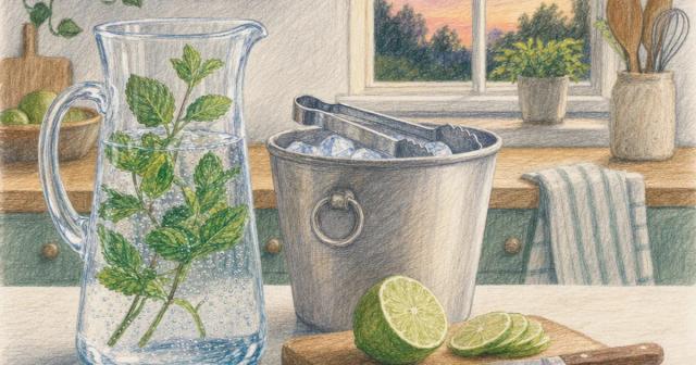 Kitchen counter with a pitcher of sparkling water, ice bucket, and a half-sliced lime on a board