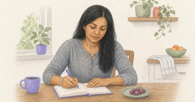 Woman writing in a notebook at a sunny kitchen table