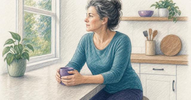 Woman sitting at a kitchen counter by a window, holding a mug, looking out thoughtfully