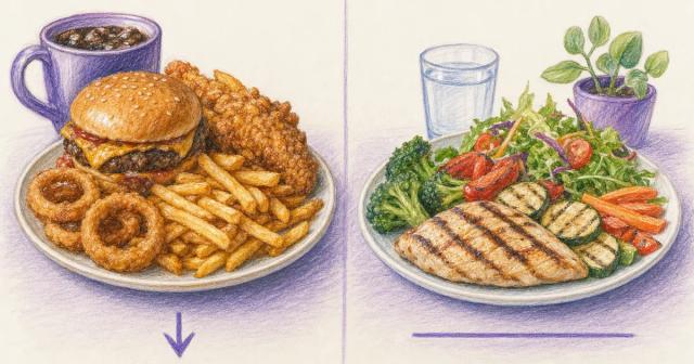A heavy fried meal on the left beside a lighter grilled meal on the right