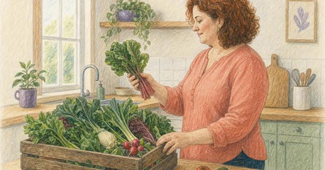 Person at a kitchen counter choosing greens from a market crate in morning light