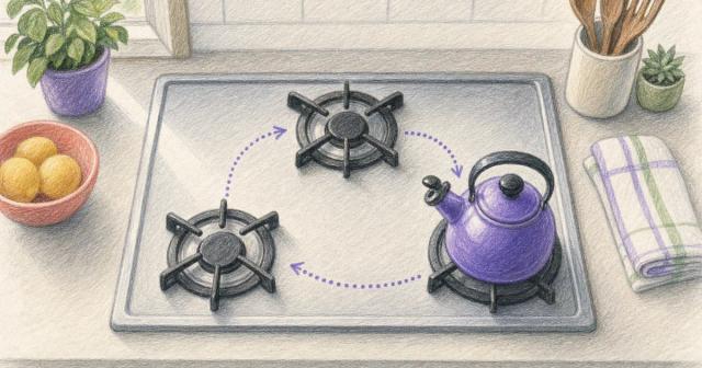 A kettle on one of three stovetop burners with rotation arrows between them