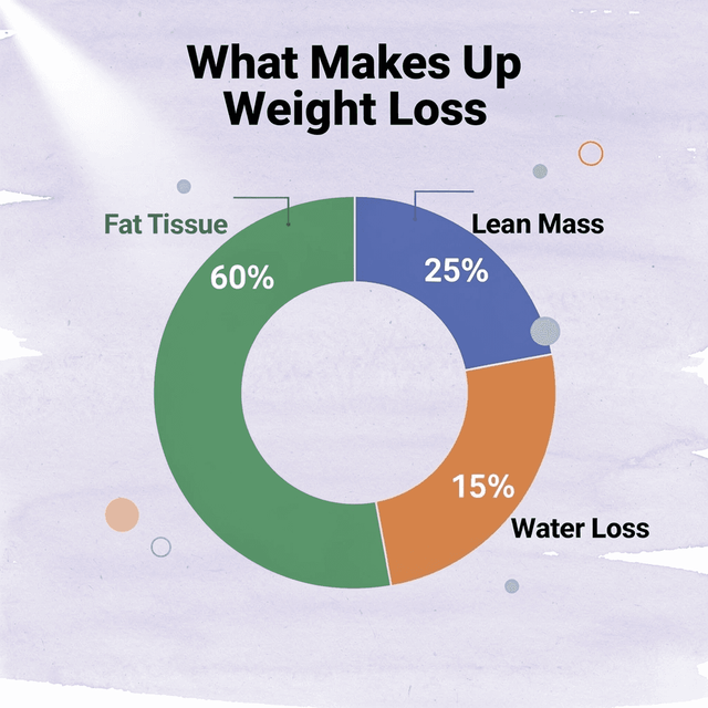 Doughnut chart showing breakdown of weight loss into fat tissue, lean mass, and water