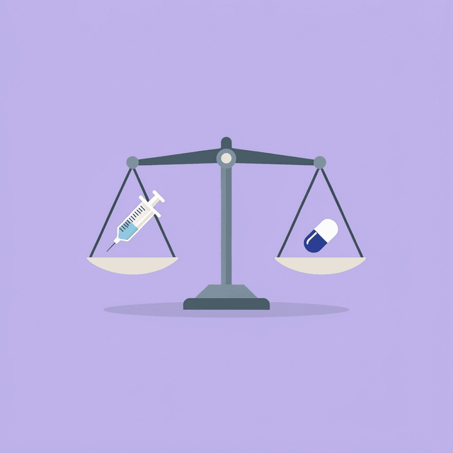 Balance scale comparing injectable semaglutide (15% weight loss) against oral semaglutide (lower effectiveness)