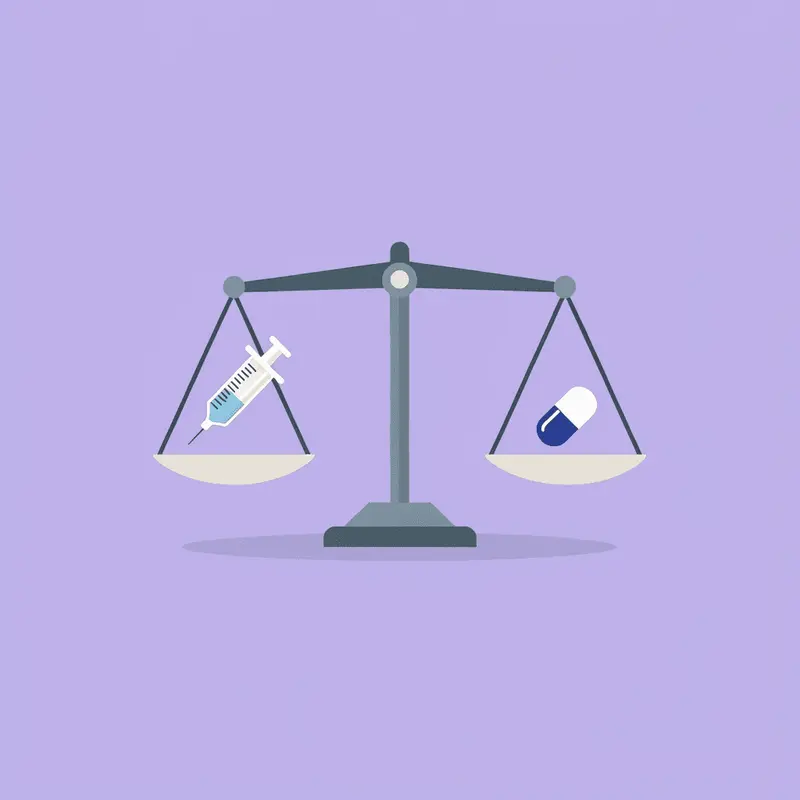 Balance scale comparing injectable semaglutide (15% weight loss) against oral semaglutide (lower effectiveness)