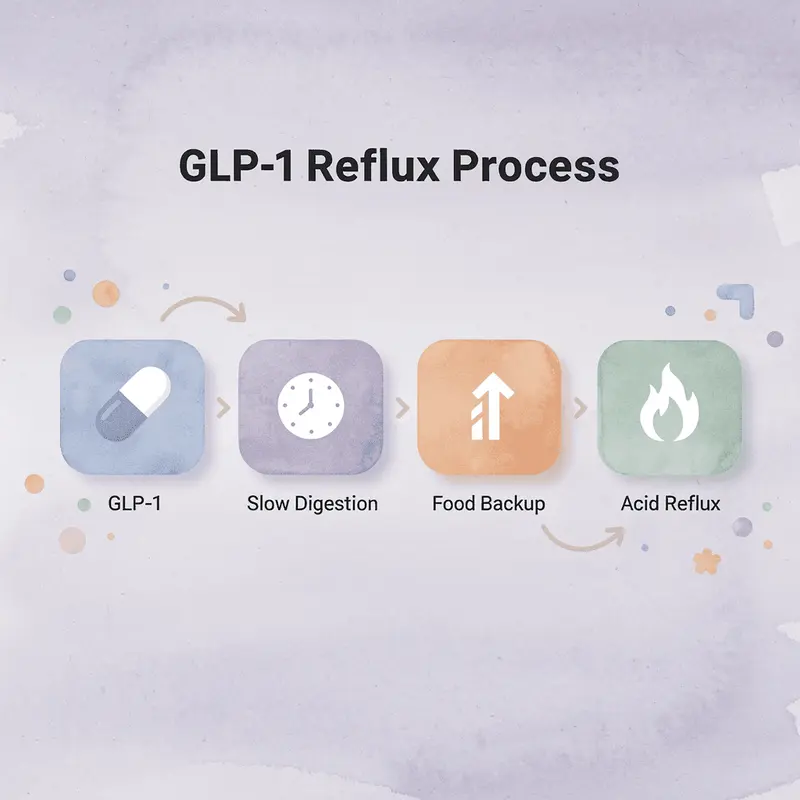 Process flow showing how GLP-1 leads to acid reflux