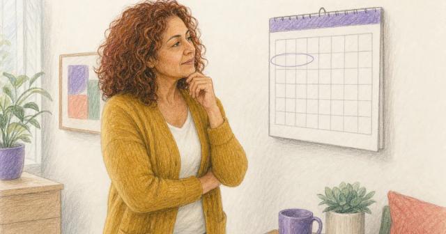 Woman looking at a wall calendar, an early week marked with weeks ahead