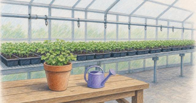 Greenhouse with one clay pot and watering can before a long row of identical seedling trays