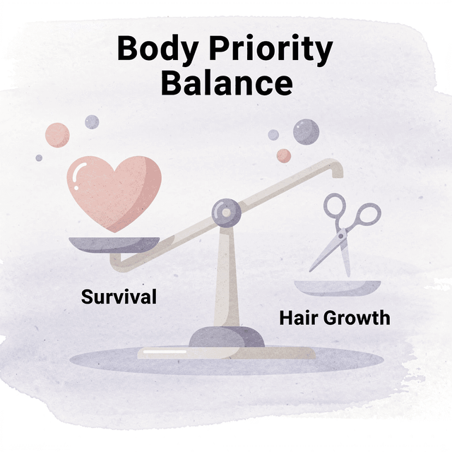 Balance scale showing body prioritizing survival over hair growth