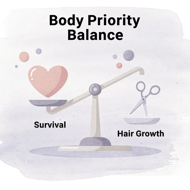 Balance scale showing body prioritizing survival over hair growth