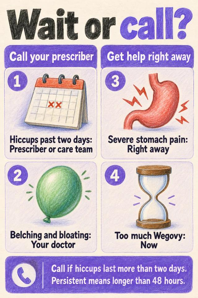 Two columns sorting hiccup signs into ones to call a prescriber about and ones that need help right away.