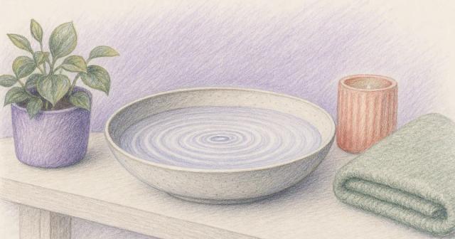 Ripples fading to stillness in a shallow bowl of water