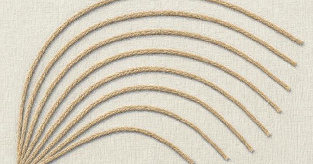 Seven twine cords of differing lengths laid as concentric arcs across pale linen