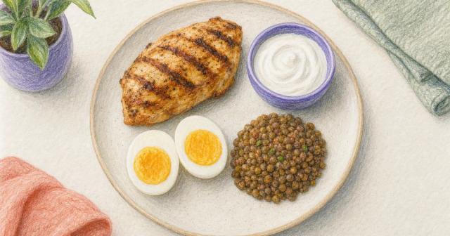 Overhead plate of grilled chicken, halved boiled eggs, Greek yogurt, and lentils
