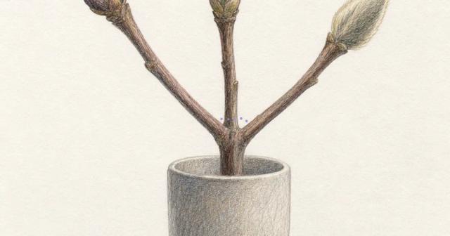Single stem in a stone cup forking into three shoots with different buds