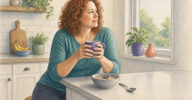 Person at a kitchen counter in morning light holding a mug beside a barely touched bowl