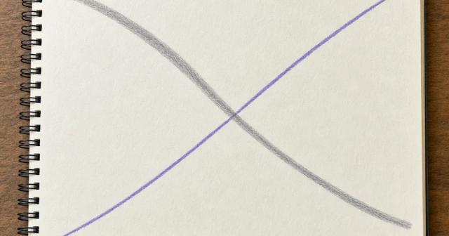 Hand-drawn chart on paper: one rising line and one falling shaded curve crossing in the middle
