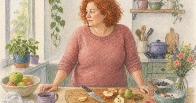 Woman pausing mid-task at a kitchen counter in morning light, knife resting on a cutting board