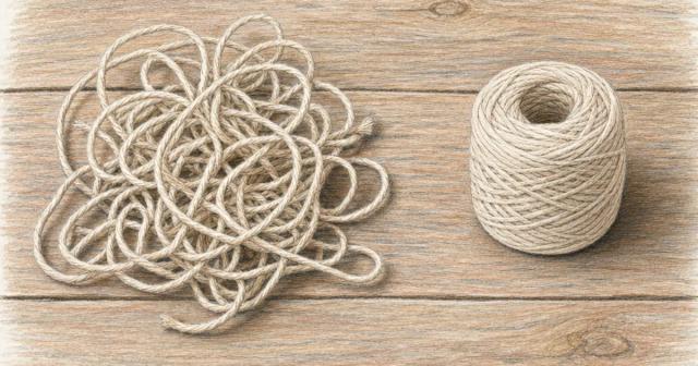 Tangled loose twine on the left, the same twine wound into a neat spool on the right