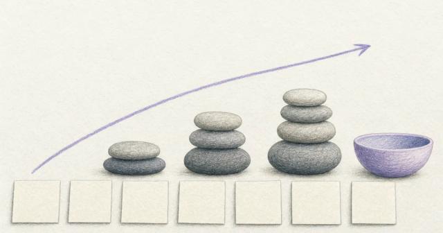 Timeline of weekly squares with pebble stacks rising in slow, gentle steps