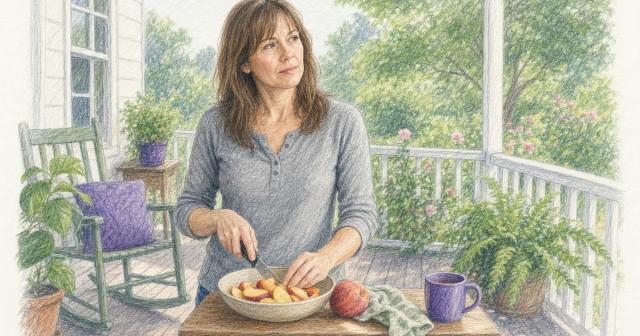 Woman pausing while slicing fruit at a small table on a sunny porch
