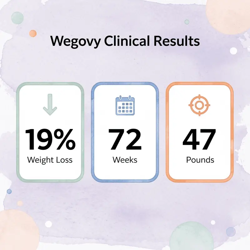 Infographic showing Wegovy clinical trial results: 19% weight loss over 72 weeks, averaging 47 pounds
