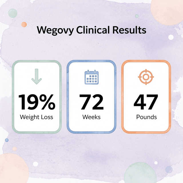 Infographic showing Wegovy clinical trial results: 19% weight loss over 72 weeks, averaging 47 pounds