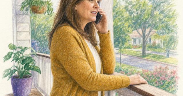 Woman leaning on a porch railing, talking on the phone in morning light