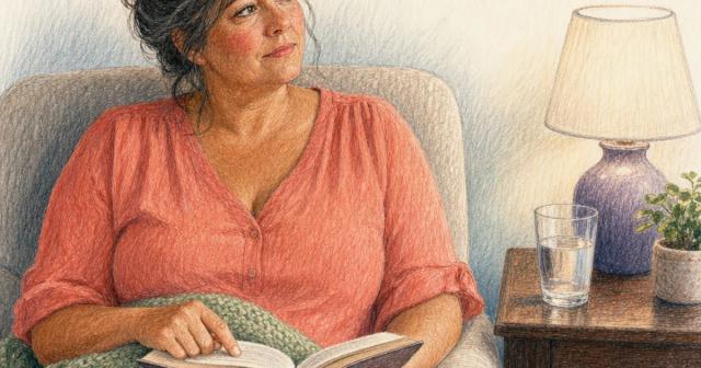 Woman in an armchair under a blanket pausing mid-page beside a lamplit nightstand