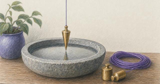 Brass plumb bob on a cord hanging just above still water in a stone basin
