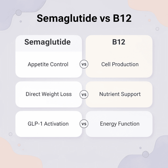 Comparison chart showing differences between semaglutide and B12 functions