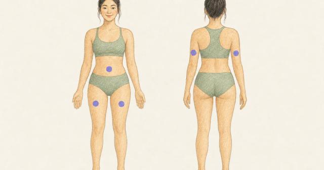 Front and back body outlines marked on abdomen, thighs, and backs of upper arms.